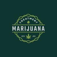 klassisches vintage-retro-etikettenabzeichen für marihuana-cannabis-hanftopfblatt-thc-cbd-gesundheits- und medizinische-therapie-logo-design-inspiration vektor