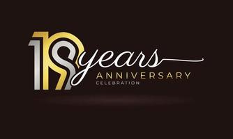 Logotyp zum 19-jährigen Jubiläum mit verknüpften mehrzeiligen silbernen und goldenen Farben für Feierlichkeiten, Hochzeiten, Grußkarten und Einladungen einzeln auf dunklem Hintergrund vektor