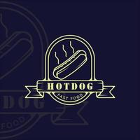 Hotdog oder Hotdogs Logo Strichzeichnungen einfache minimalistische Vektor Illustration Vorlage Symbol Grafikdesign. fast-food-zeichen oder symbol für menü- oder restaurantkonzept mit abzeichenemblem und typografie