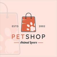 Hundepfote auf Taschenlogoweinlese mit Umrissvektorillustrationsschablonenikonen-Grafikdesign. pet shop zeichen oder symbol für geschäftskonzept vektor