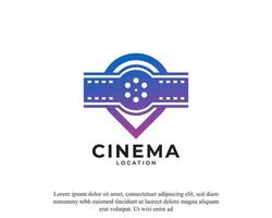 kartnålsplats med kamerarulle ränder filmremsa logotyp. film plats glyf ikon vektor