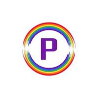 buchstabe p innen kreisförmig gefärbt in regenbogenfarbe flaggenpinsel logo design inspiration für lgbt-konzept vektor
