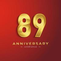 89-årsjubileumsfirande med gyllene glänsande färg för festevenemang, bröllop, gratulationskort och inbjudningskort isolerad på röd bakgrund vektor