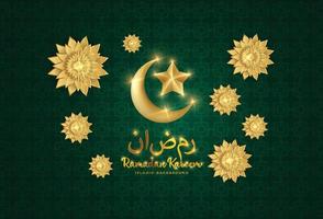 ramadan kareem banner mit 3d-metallic-goldenem halbmond, papiergeschnittenen abstrakten arabeskenblumen und arabischer handgeschriebener kalligrafie. übersetzung ramadan kareem. Vektor.