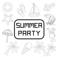 set doodle sommar, paraply, glass, sandhink, ananas, juice, snäckor, sol, moln, båt och många fler. vektor