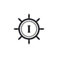 buchstabe i im schiffslenkrad und kreisförmiges kettensymbol zur inspiration für nautische logos vektor