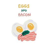 rustik närbild av två stekta ägg med bacon, grönska och text. vektor