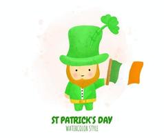 saint patrick day zeichentrickfigur leprechaun mit einer flagge im aquarellstil vektor