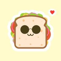 süß und kawaii von sandwich-brot-charakter mit gemüse. Frühstück. Slice-Käse-Sandwich mit Tomaten, Salat und Speck, Wurst im flachen Design-Stil. leckeres vegetarisches essen. vektor