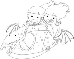 zwei Mädchen im Dinosaurier-Rennwagen Schwarz-Weiß-Doodle-Charakter vektor