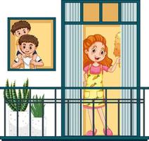 utsikt genom fönstret balkong lycklig familj vektor