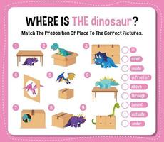 preposition ordkort med dinosaurier och lådor vektor