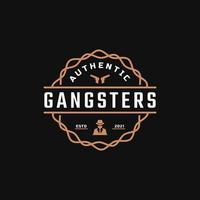 klassisches Vintage-Retro-Label-Abzeichen für Gangster und Mafia-Logo-Design-Inspiration. Mann im schwarzen Anzug-Symbol vektor