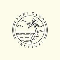 tropischer strand des surfclubs mit emblem und linienkunststil-logoikonen-schablonendesign. Palme, Wolke, Meer, Vektorillustration vektor