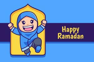 glückliches ramadan cartoon muslimisches hijab mädchen springen vektor