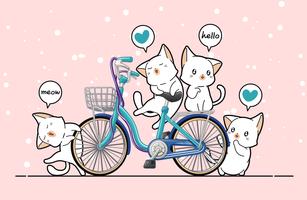 Kawaii katter och cykel i tecknad stil. vektor
