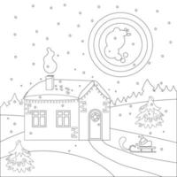 mysigt nyårshus i skogen målarbok för barn. stor måne, skog, granar och fallande snö. vektor jul linjär illustration.
