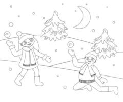 barn har kul att spela snöbollar i vinter utomhus målarbok. måne, julgran, vantar, filtstövlar. nyår vektor linjär illustration.