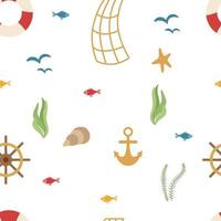 Nahtloses Meeresmuster mit Rettungsring, Lenkrad, Anker, Algen auf weißem Hintergrund. vektorillustration von seereisen zum druck auf papier oder stoff, verpackung vektor