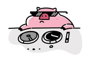 Illustration eines modischen Schweins mit Pixelbrille. Vektor. flacher Stil. Schwein DJ, meme. Zeichen für Animation. Comic-Web-Postkarte. vektor