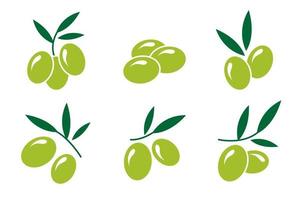 Set mit grünen Oliven-Symbolen in einem flachen Stil. Vektor-Illustration isoliert auf weißem Hintergrund. vektor