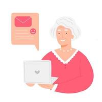 glückliche großmutter kommuniziert in einem laptop. ältere Frau mit Laptop. vektorillustration im rosa mit menschlichem charakter. vektor