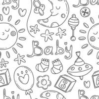 Schwarz-Weiß-Vektor nahtlose Musterelemente zum Thema Geburt eines Kindes im Doodle-Stil. Vektor-Baby-Print mit niedlichen Elementen. vektor