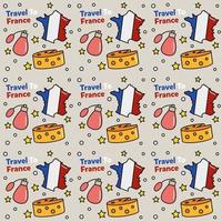 reise nach frankreich doodle nahtloses muster vektordesign. wein, hahn, käse sind identische symbole mit frankreich vektor