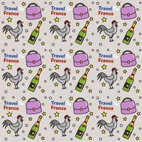 reise nach frankreich doodle nahtloses muster vektordesign. wein, hahn, käse sind identische symbole mit frankreich vektor