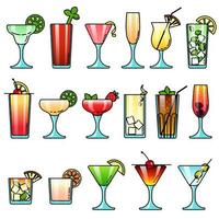 populära färgglada alkohol cocktail drink glas ikonuppsättning för meny, fest, varumärke, webb, app design i tecknad stil. isolerade objekt vektorillustration vektor