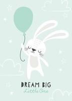 dröm stor liten. söt kanin flyger på en ballong med moln och stjärnor. baby, barnaffisch, väggkonst, kort, baby showerinbjudan. vektor