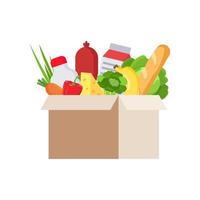 Frische Lebensmittel im Karton, isoliert, weißer Hintergrund. Karton mit Essen, Obst und Getränken. verschiedene Speisen und Getränke. Obst, Gemüse, Schinken, Käse, Brot, Milch vektor