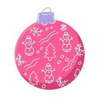 ein rosa weihnachtsball mit schneemännern und weihnachtsbäumen. vektor