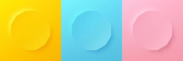 satz abstraktes 3d-hellgelbes, blaues und rosa pastellfarbenes hexagon-rahmendesign für kosmetische produkte. sammlung von minimalem geometrischem hintergrund mit kopienraum. Szene von oben. Vektor eps10