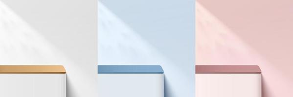 satz abstrakter 3d weißer, rosa, blauer runder ecksockel oder standpodium mit schatten. pastellfarbene Minimalszenensammlung. moderne Vektor-Rendering-geometrische Plattform für die Präsentation von Produktdisplays. vektor