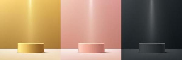 uppsättning av abstrakt guld, rosa guld, svart cylinder piedestal podium med belysning. lyxig minimal väggscensamling. modern vektor rendering geometrisk plattform för kosmetisk produktpresentation.