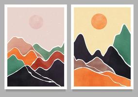 abstrakt bergslandskap affisch. geometrisk landskap bakgrund med berg, våg, måne, sol. vektor illustration