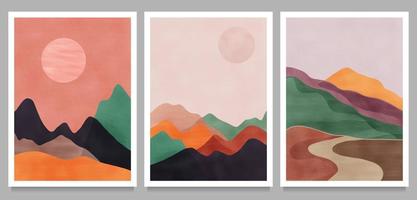 Moderner minimalistischer Kunstdruck aus der Mitte des Jahrhunderts. abstrakte zeitgenössische ästhetische Hintergründe Landschaften mit Sonne, Mond, Meer, Wald, Bergen. Vektorgrafiken vektor