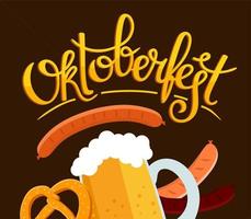 Oktoberfest-Banner. handschriftliche Inschrift mit dem Bild eines Bierkrugs mit Schaum, Brezel und Grillwurst. vektor