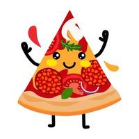 en skiva pizza karaktär med salami lök tomater och oliver. vektor illustration. ett koncept för klistermärken, affischer, vykort, webbplatser och mobilapplikationer.