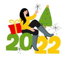 ein Mädchen sitzt mit einer Wunderkerze. das konzept von weihnachten und neujahr. 2022, eine Postkarte und ein Plakat. Vektor-Illustration. vektor