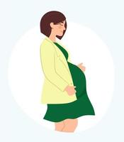 Schwangerschaft. Ein modernes Poster mit einer modischen schwangeren Frau in einem stilvollen grünen Kleid und einer Jacke. vektor