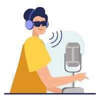 podcast koncept. en illustration om podden. en tjej som pratar i en mikrofon och sitter vid ett bord. platt vektor i en fashionabel stil.