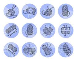 Großes Icon-Set Stricken, Garnstränge, Stricknadeln und Haken auf lila abstrakten Ovalen. Symbole für soziale Medien, Aufkleber