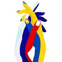 Illustration, zwei verschlungene Hände, bemalt in den Farben der russischen und ukrainischen Flaggen. Plakat für den Frieden zwischen den Staaten, gegen den Krieg. Vektor