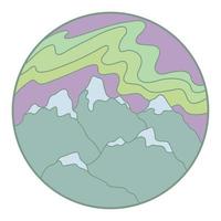 vektor illustration av berg. färgglada handritade konturikonen i cirkelram.