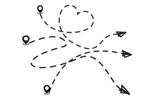 Flugzeuglinienpfad-Vektorsymbol der Flugroute des Flugzeugs mit Startpunkt, Transferpunkt und Strichlinienspur. Flugzeug-Clip-Art-Symbol mit Streckenverlauf in Schwarz und Weiß. Flugzeug minimaler Vektor.