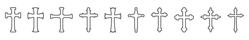 Ikonuppsättning christian cross vektor symbol platt och konturstil. kors som symbol för påsk, tro, död och uppståndelse