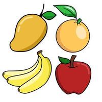 söta tecknade frukter. apelsin och banan, äpple och mango. för klistermärke eller ikon. vektor illustration set redigerbara stroke.