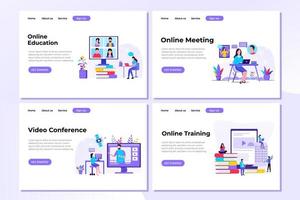 uppsättning webbsidesdesignmallar för e-lärande, onlineutbildning och onlinemöten moderna vektorillustrationskoncept för webbplats- och mobilwebbplatsutveckling. vektor